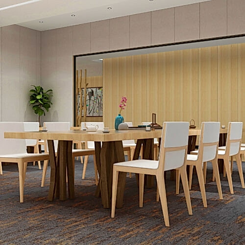 Gri üzerine turuncu desenli karo halı Newton 104 özellikle doğal ahşap ve bej tonlarıyla uyumludur.